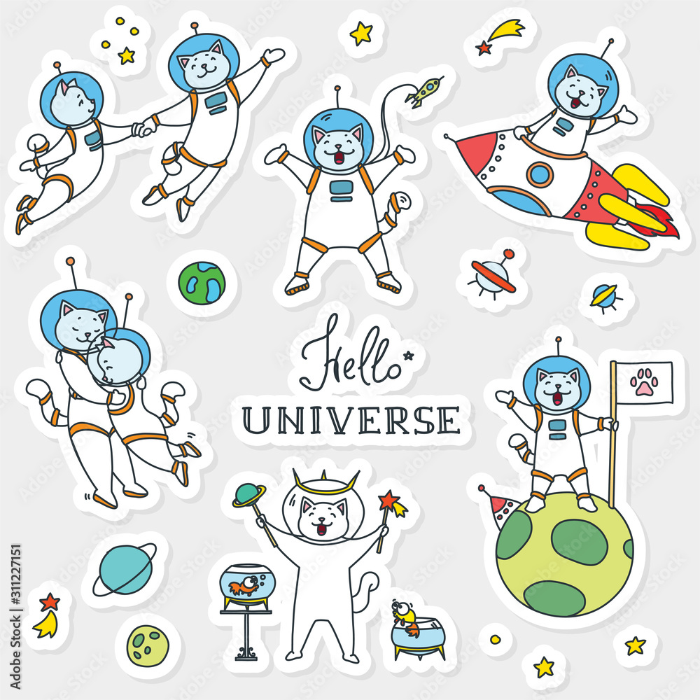 Set of cute stickers. Illustration of cute cat astronauts in the space. Vector 8 EPS Set of cute stickers. Illustration of cute cat astronauts in the space. Vector 8 EPS