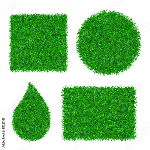 Green grass background 3D set. Lawn greenery nature square, circle, rectangle, drop isolated on white. Field texture. Landscape grassland pattern. Grassy design. Grow meadow. Vector illustration