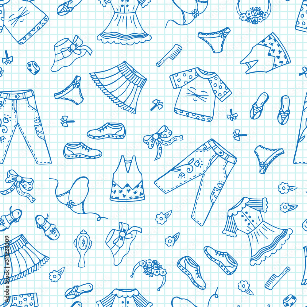 Little Girls Clothes and Accessories - hand drawn doodle seamless pattern