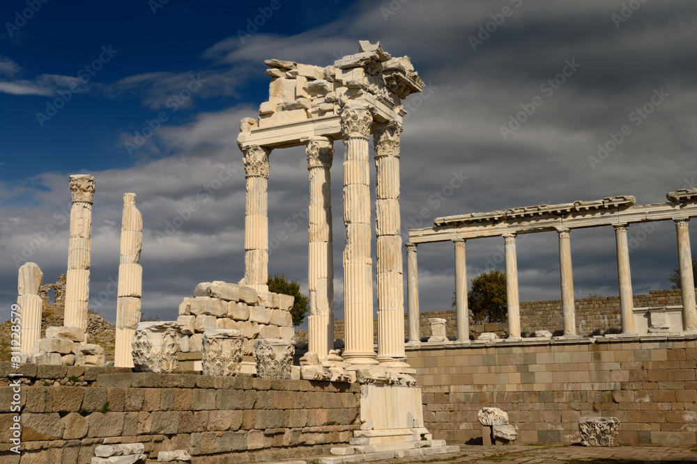 White marble corinthian colum ruins of Trajan Temple at Pergamon archeological site Bergama Turkey