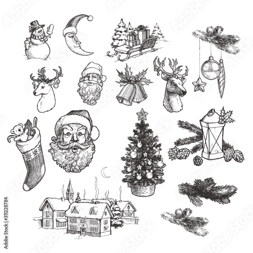 Vector vintage set hand drawn New Year illustrations. Christmas drawings with Santa Claus, deer, snowman, tree, sock with gifts and other symbols of winter holidays.