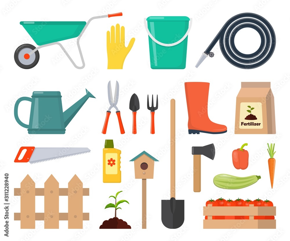Colorful vector set of garden icons: garden tools, equipment, planting process, harvest. Flat style vector ollustration.