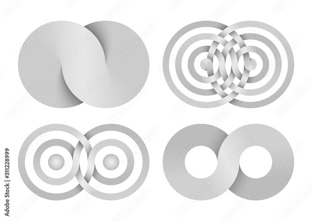 Set of Infinity signs made of combined disks and rings. Vector illustration. - obrazy, fototapety, plakaty 