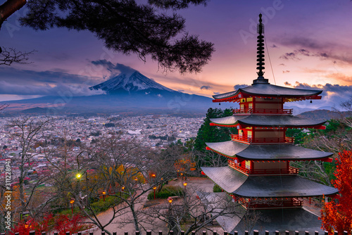 Mount Fuji and Chureito Pagoda at sunset in autumn, Japan.