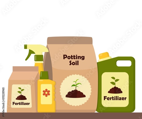 Packing with soil for potted plants. Potting soil, various fertilizers in bottles and spray gun. Vector illustration in flat style.