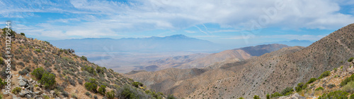 Yucca Valley panorama aerial view from Keys View in Joshua Tree National Park near Yucca Valley, California CA, USA.