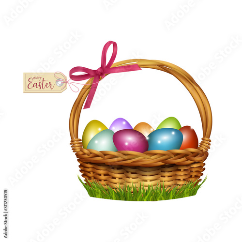 Easter wicker basket with colorful eggs. Vector illustration