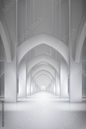 Long hall in historic interior. Arcades in the old castle. Vector illustration.
