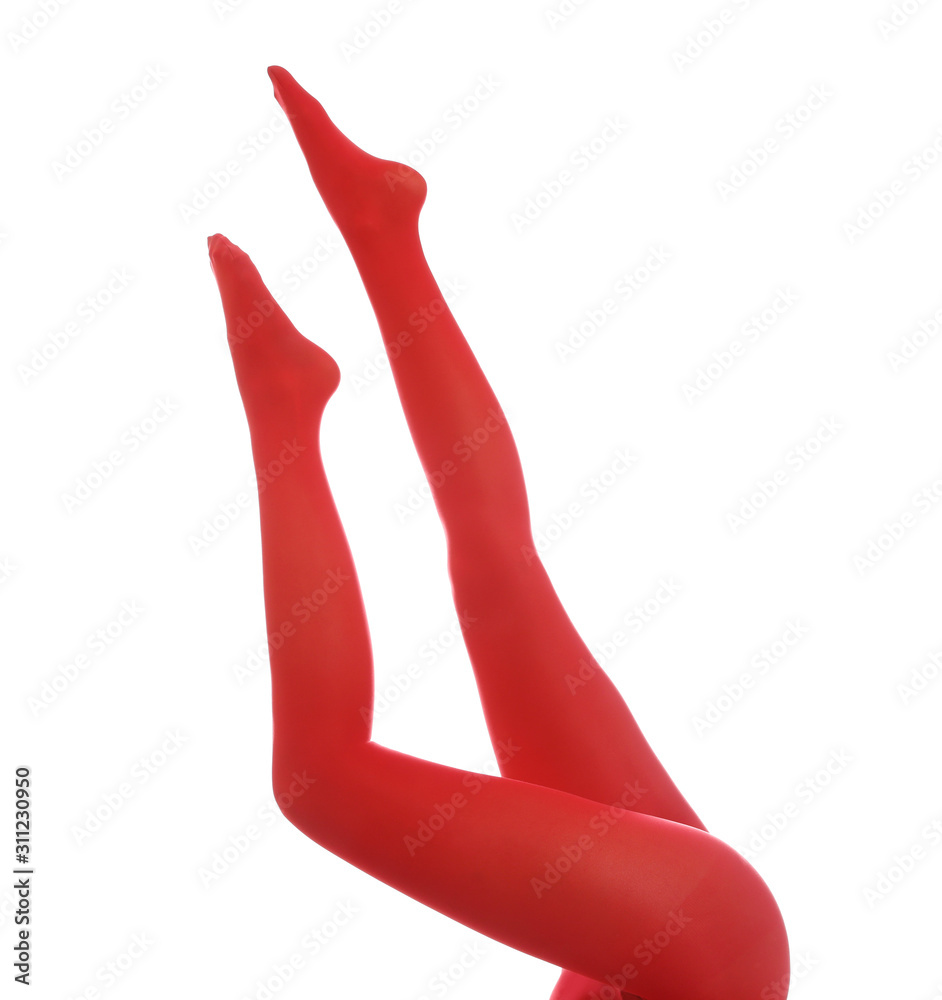 Woman wearing red tights on white 