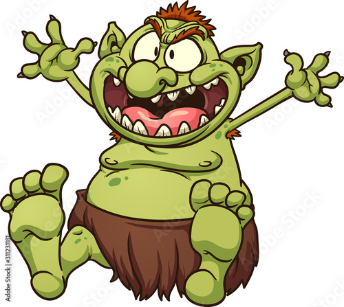 Fat cartoon troll sitting with open arms and big smile. Vector clip art illustration with simple gradients. All in a single layer.