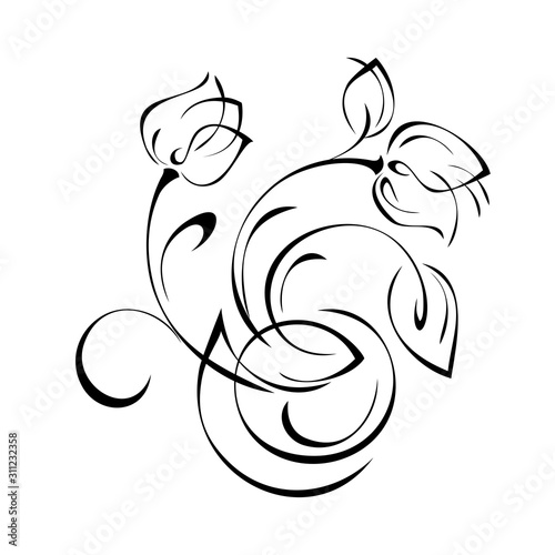 ornament 985. decorative element with stylized flower buds, leaves and curls in black lines on a white background