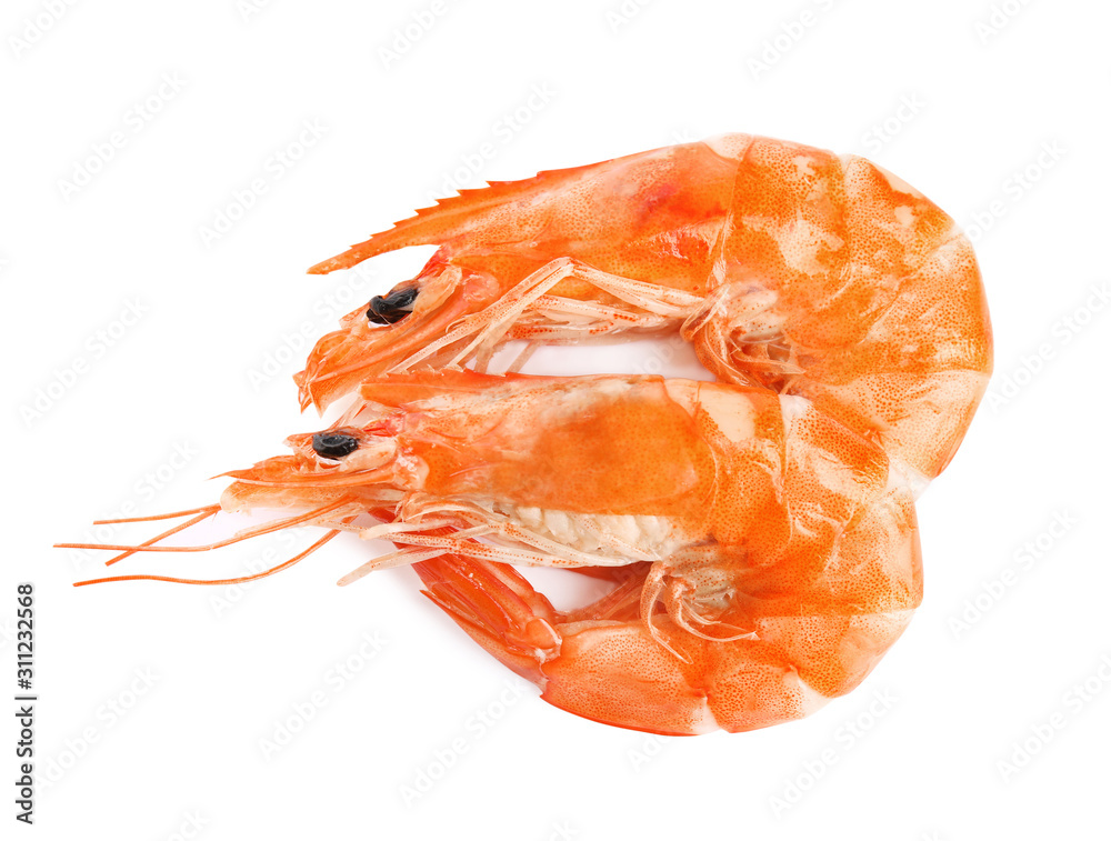Delicious cooked shrimps isolated on white, top view Delicious cooked shrimps isolated on white, top view