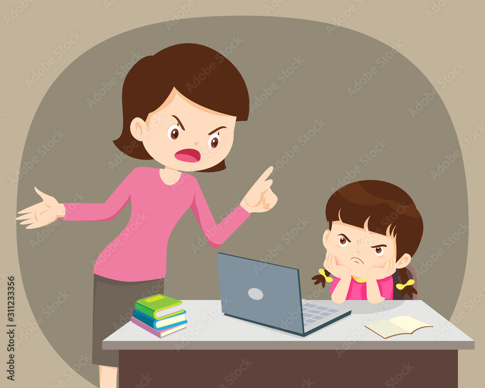 Angry mother And daughter Using Laptop At Home Angry mother And daughter Using Laptop At Home