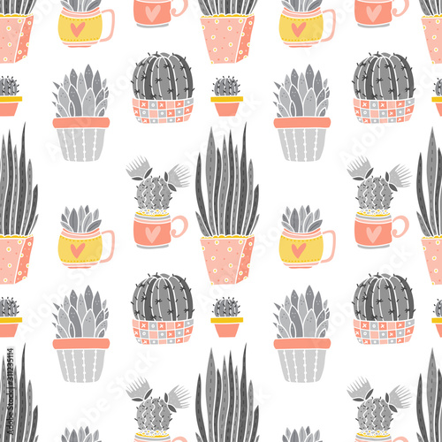 Vector seamless patterns with bright cacti, aloe and leaves in pots