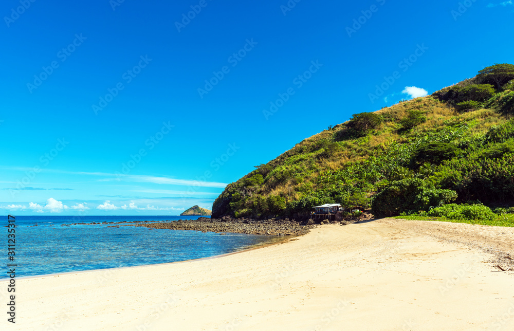 View of the sandy beach of the island, Fiji. Copy space for text. View of the sandy beach of the island, Fiji. Copy space for text.