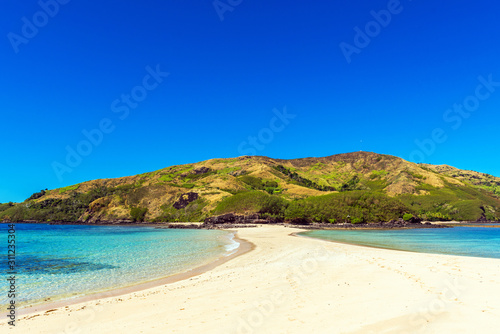 Fototapeta Naklejka Na Ścianę i Meble -  View of the sandy beach of the island, Fiji. Copy space for text.