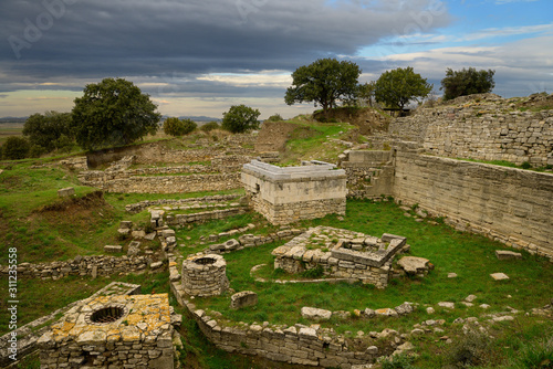 Sanctuary walls and wells of Troy VI at archeological site near Hisarlik Turkey
