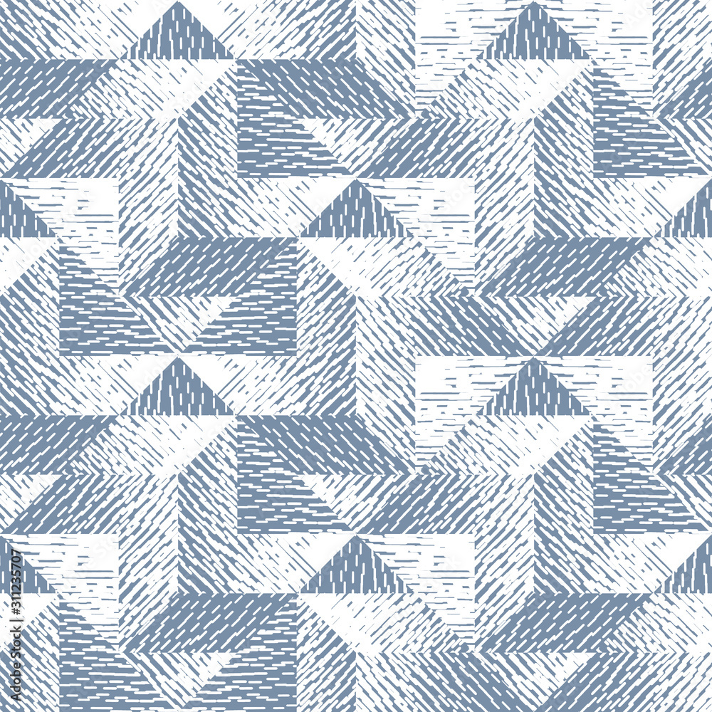 Abstract seamless pattern of geometric shapes with texture. Optical illusion of the volume and depth of the image.