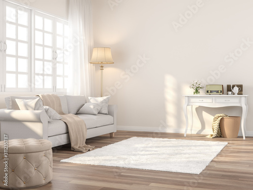 Vintage style living 3d renderThe Rooms have wooden floors and cream color walls ,decorate with white fabric sofa,there white window sunlight shining into the room.