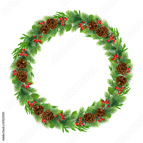 Wide Christmas garland / wreath of pine, cypress, red rosehip berries, holly and cones. Isolated.
