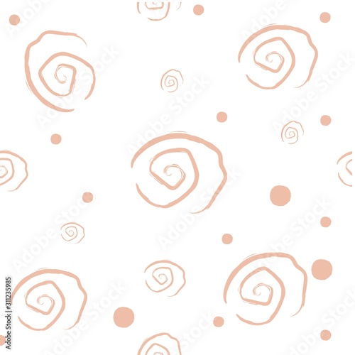 Cute Pattern with Golden spirals with pastel blue stripes on beige background with tiny dots. Hand Drawn Design.