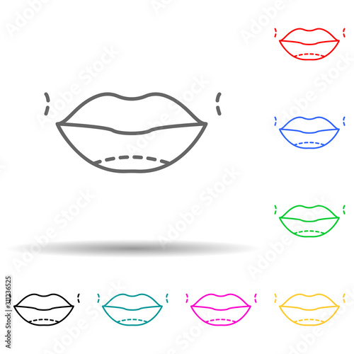 Lips botox enlarge augment multi color style icon. Simple thin line, outline vector of anti agies icons for ui and ux, website or mobile application