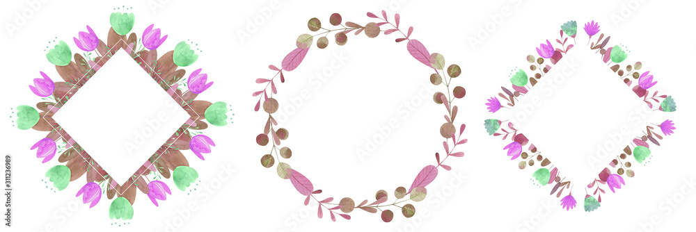 set of hand-drawn watercolor frames of stylized flowers set of hand-drawn watercolor frames of stylized flowers