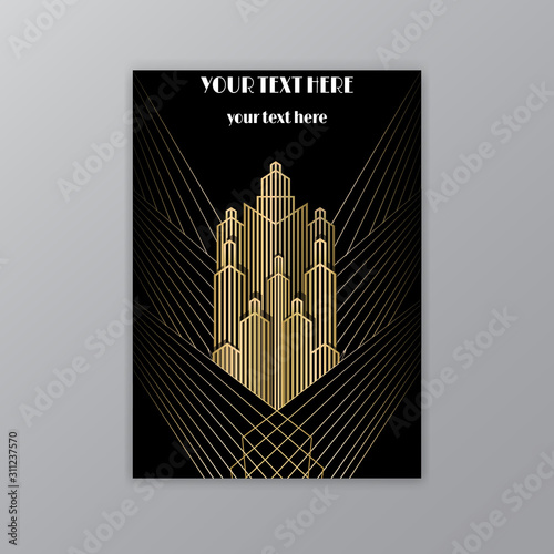 Art Deco template golden-black, A4 page, menu, card, invitation, Sun and city lights in a Art Deco/Art Nuvo style, beautiful background.
