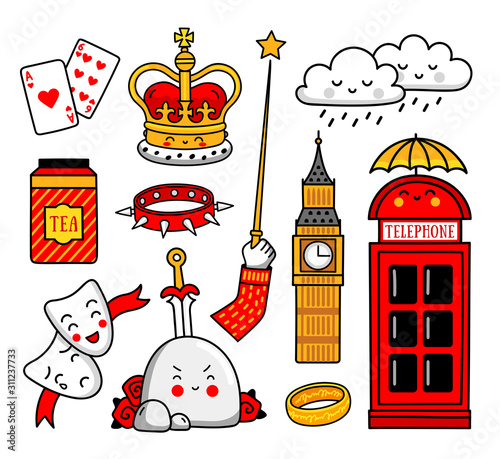 Set of cartoon english stickers, patches, badges, prints and pins. Cute vector illustration.