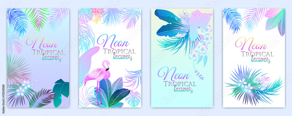 Neon tropical vector banner of flamingo, monstera, flowers, tropical leaves of palm tree - obrazy, fototapety, plakaty 