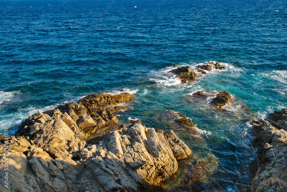 Barcelona, Spain - 18.08.2019: Beautiful cliffs on the Spanish coast of the Mediterranean Sea