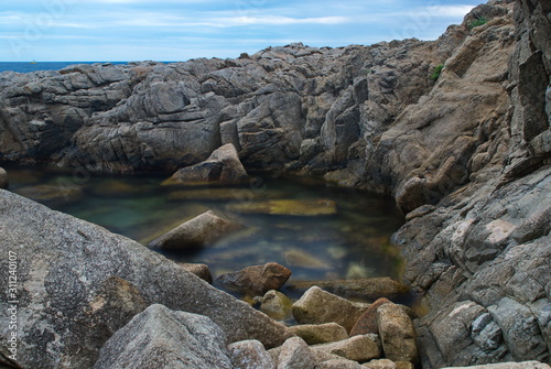 Barcelona, Spain - 18.08.2019: Beautiful cliffs on the Spanish coast of the Mediterranean Sea