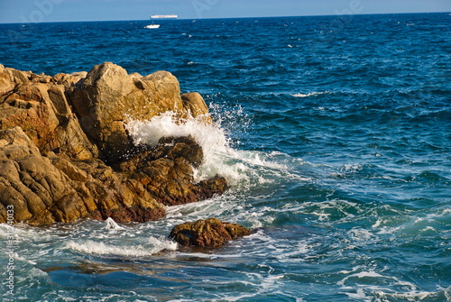 Barcelona, Spain - 18.08.2019: Beautiful cliffs on the Spanish coast of the Mediterranean Sea