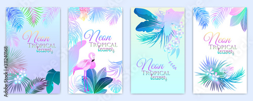 Neon tropical vector banner of flamingo, monstera, flowers, tropical leaves of palm tree