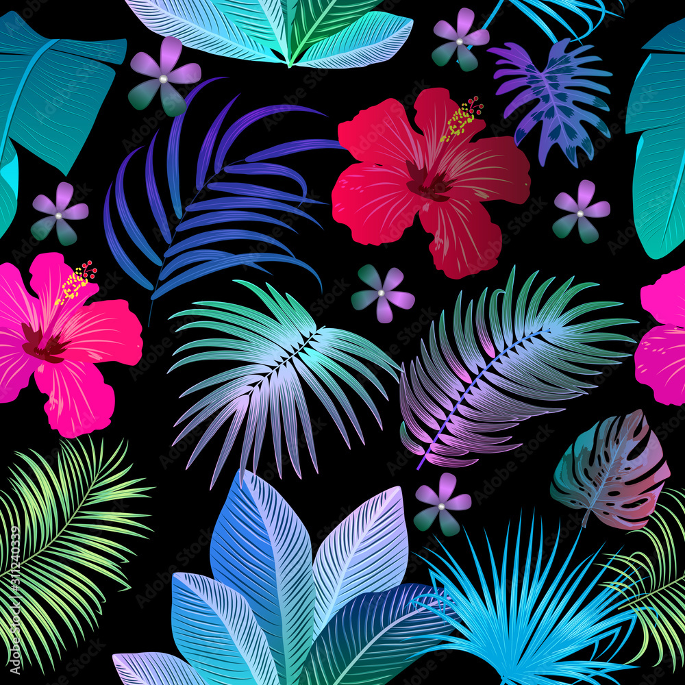 Fototapeta Tropical jungle neon palm leaves seamless pattern, vector background