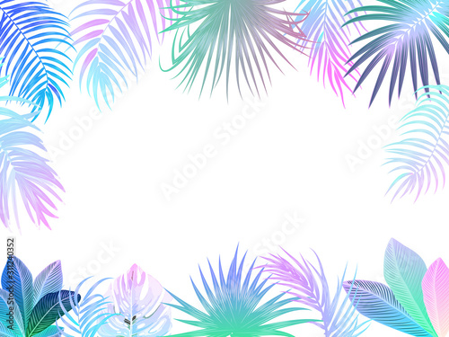 Vector tropical jungle frame with neon palm trees, flowers and leaves on white background
