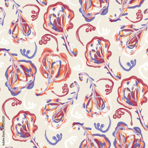 Painterly floral motif vector watercolor background. Seamless persian style repeat pattern. Delicate hand painted boho bloom for textile all over print, home decor. Aquarelle artistic repeat tile. 