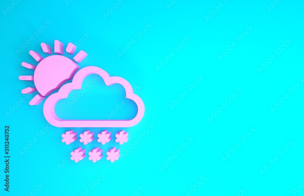 Pink Cloud with snow and sun icon isolated on blue background. Cloud with snowflakes. Single weather icon. Snowing sign. Minimalism concept. 3d illustration 3D render Pink Cloud with snow and sun icon isolated on blue background. Cloud with snowflakes. Single weather icon. Snowing sign. Minimalism concept. 3d illustration 3D render