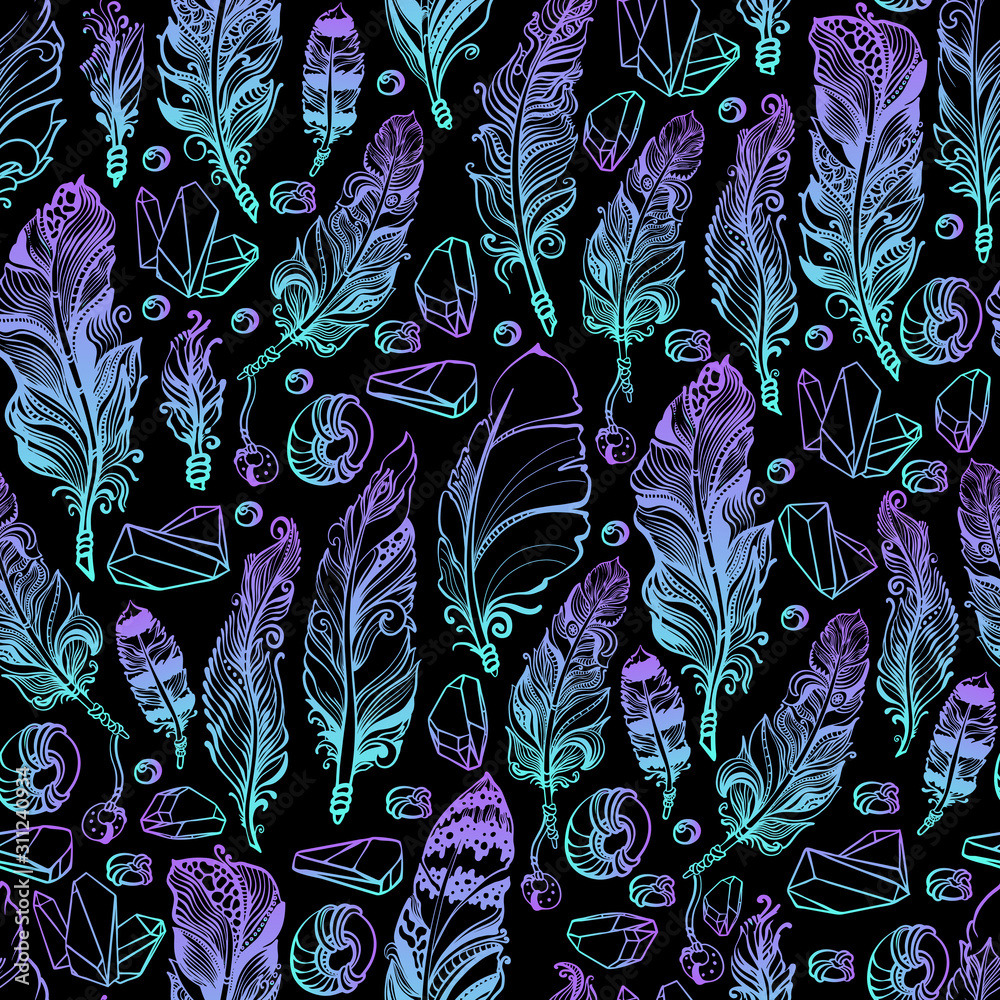 Fototapeta Seamless pattern with feather, beads and crystals gems. Vector illustration.