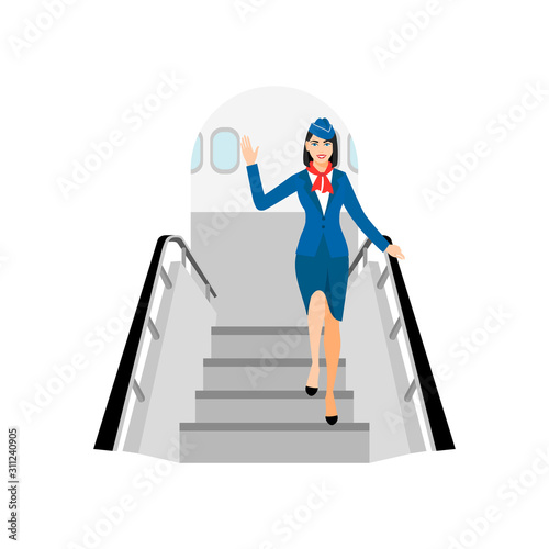 vector Illustration of stewardess dressed in blue. flight attendant goes down the plane, smiles and waves his hand