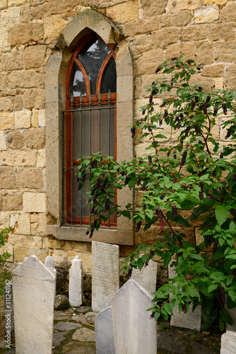 Mosque window with gravestones and pokeweed bush in hillside village of Yesilyurt Malatya Turkey photo