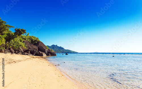 View of the sandy beach of the island  Fiji. Copy space for text.