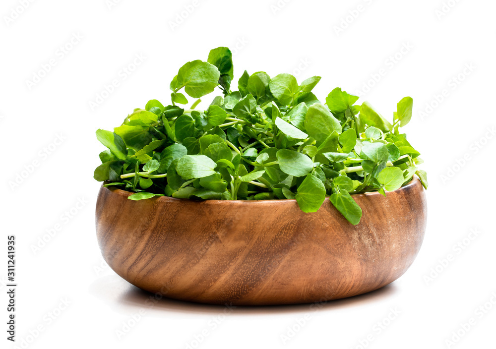 Watercress in wooden bowl isolated on white Watercress in wooden bowl isolated on white