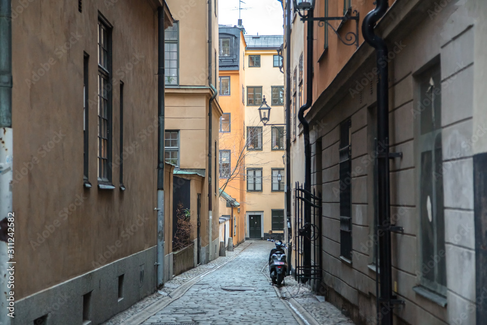 Amazingly beautiful place. Narrow streets of the old city in Stockholm.