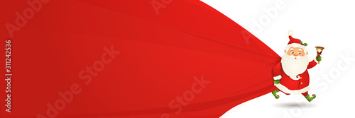 Santa Claus with huge, red, heavy bag with presents isolated. Happy Santa Claus cartoon character for winter, new year holidays, christmas posters. Banner background with copy space.