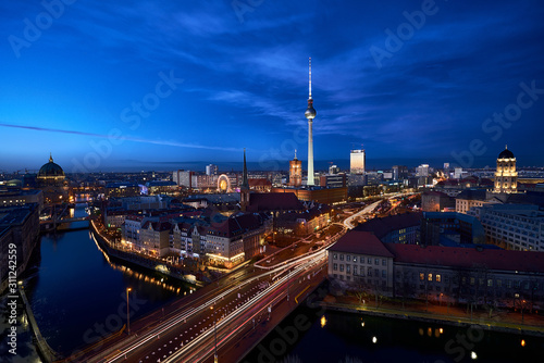 Wide panoramic view of Berlin City center former eastern part at night
