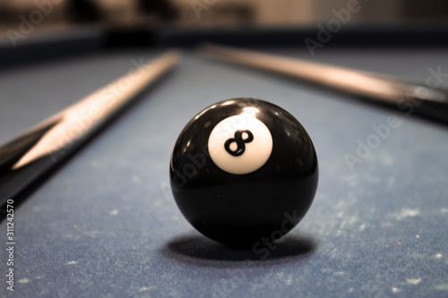 Billiard ball figure eight on a table with cues. photo