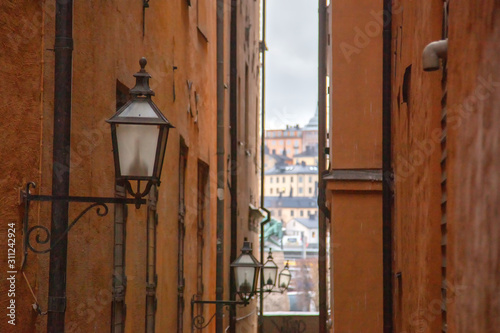 Fototapeta Naklejka Na Ścianę i Meble -  Amazingly beautiful place. Narrow streets of the old city in Stockholm.