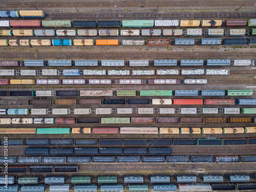 Rail road terminal station. Aerial top down shot.