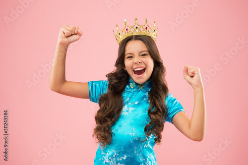 costume party celebration. feel the success. japanese kimono. child national costume of japan. small asian girl curly hair. miss japan winner. selfish kid queen of prom. happy chinese kid in crown